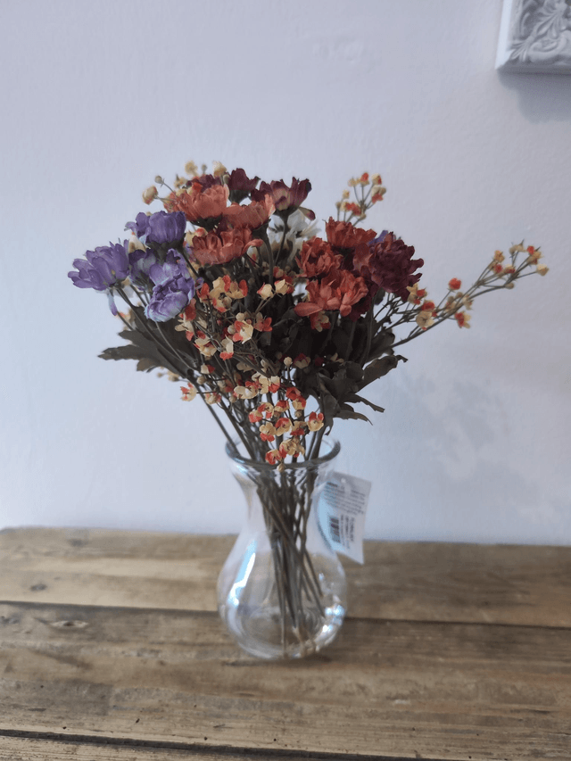 Faux Flowers Autumnal Arrangement in Glass Vase 