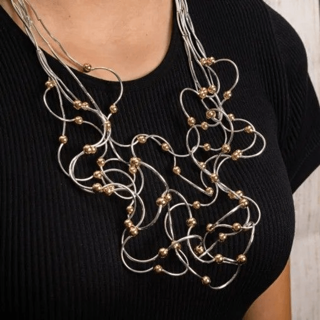 Statement Wire Choker Necklace with Bead Decoration - Silver and Gold