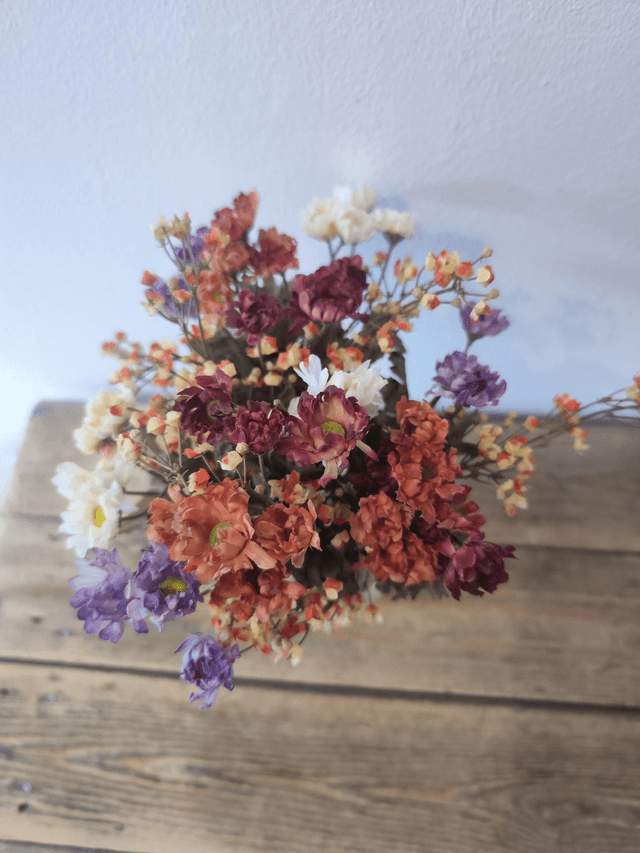 Faux Flowers Autumnal Arrangement in Glass Vase 