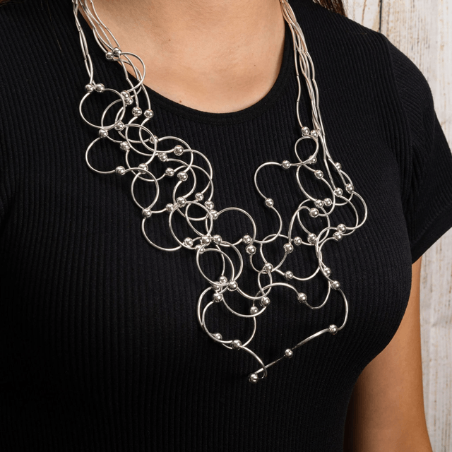Statement Wire Choker Necklace with Bead Decoration - Silver
