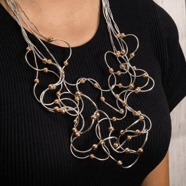 Statement Wire Choker Necklace with Bead Decoration - Silver and Gold